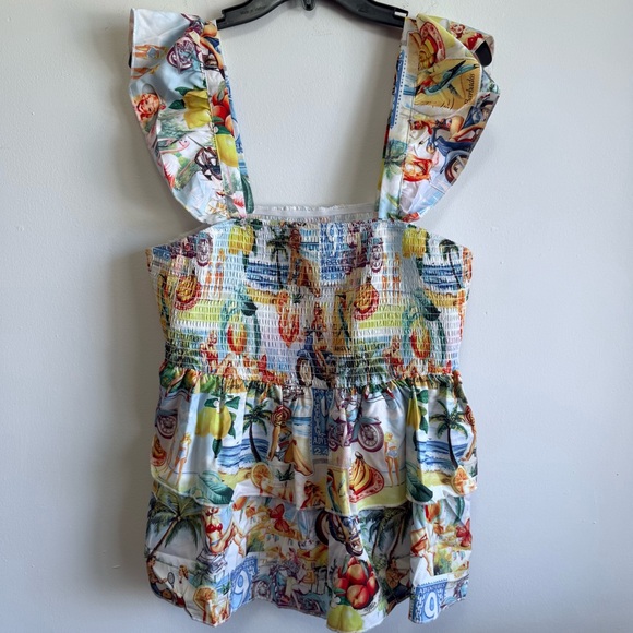 SHEIN Tops - Vintage Kitschy Retro Beach Print Smocked Peplum Tiered Top Plus Size 2X